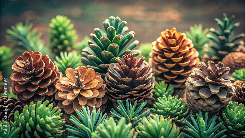 Elegant pine cones arranged among lush greenery, creating serene atmosphere Elegant pine cones arranged among lush greenery, creating serene atmosphere