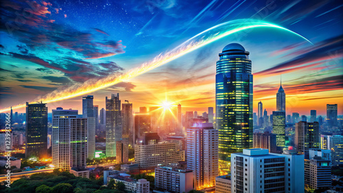 vibrant city skyline at sunset with comet streaking across sky