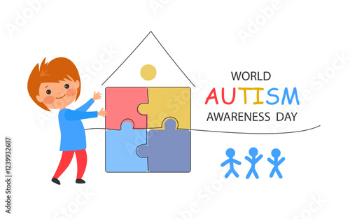 cartoon child and colorful puzzle. World awareness day background  design  celebrating poster modern flat vector