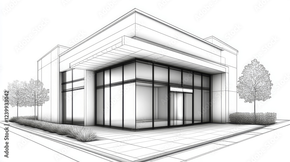 Obraz premium Modern building design architectural illustration black and white line art contemporary structure glass facade urban architecture exterior view landscaping minimalist style commercial building