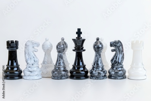 Elegant Minimalist Chess Pieces in Black and White Displayed on a Soft White Background, Evoking Strategy, Competition, and Classic Board Game Beauty