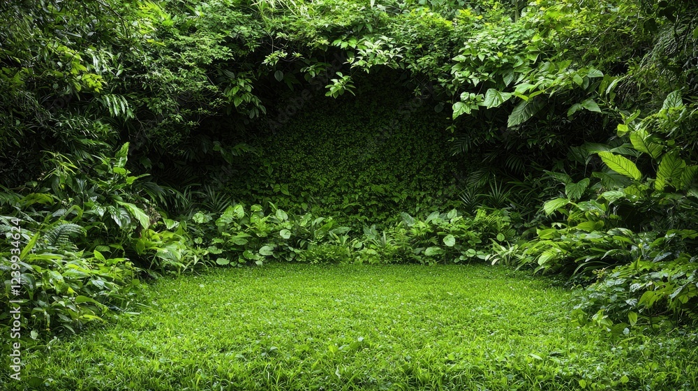 Lush green jungle clearing, grass foreground, background foliage, nature backdrop Lush green jungle clearing, grass foreground, background foliage, nature backdrop