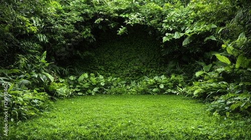 Lush green jungle clearing, grass foreground, background foliage, nature backdrop