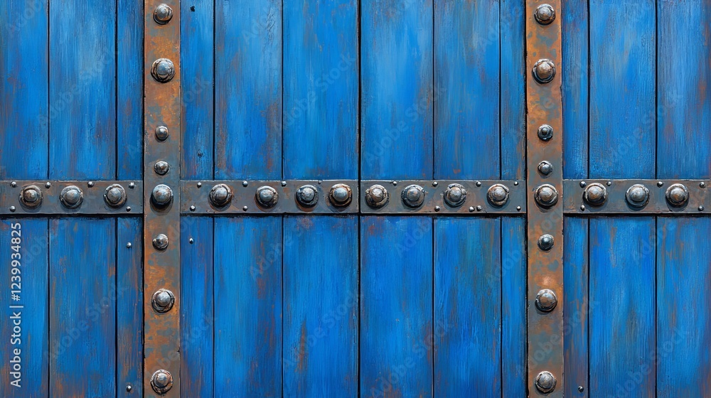Vibrant blue wooden door with metal studs and rust, showcasing rustic charm and history Vibrant blue wooden door with metal studs and rust, showcasing rustic charm and history