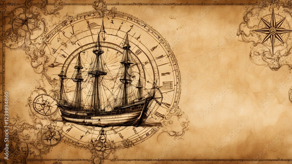 Fototapeta premium A vintage ship illustration on aged parchment, featuring navigational elements.