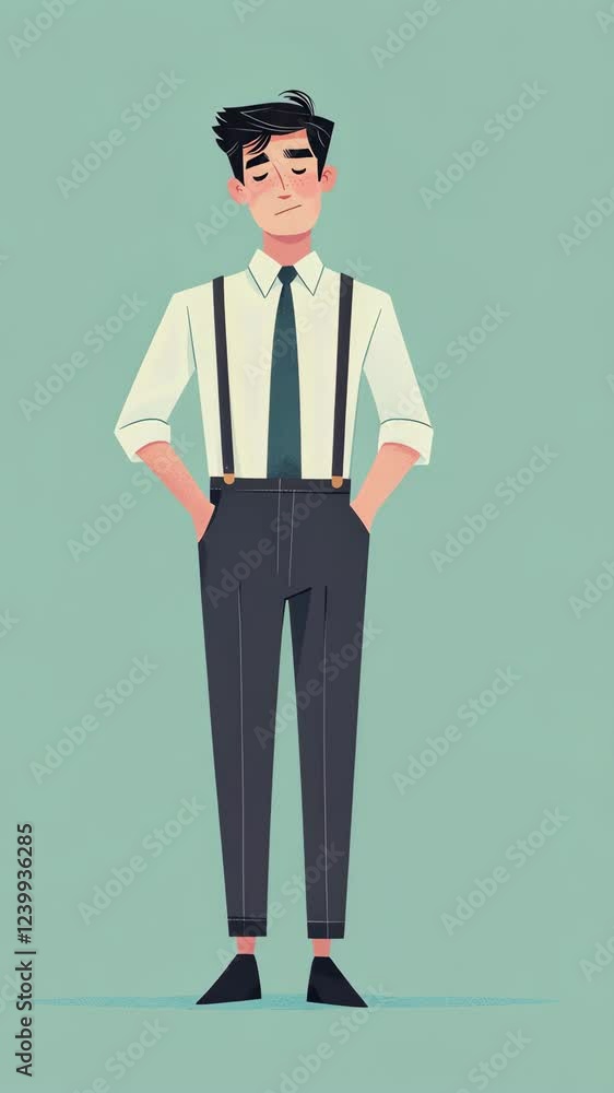 Stylish young man dressed in formal attire with suspenders standing confidently against a simple background Stylish young man dressed in formal attire with suspenders standing confidently against a simple background