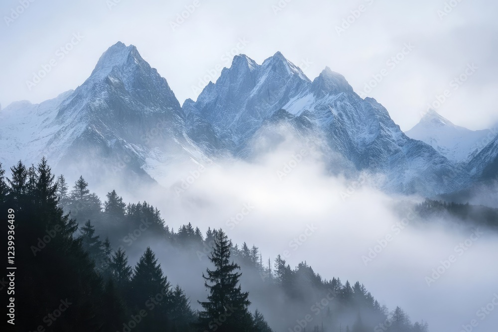 Fototapeta premium majestic alpine peaks piercing through mystical morning mist