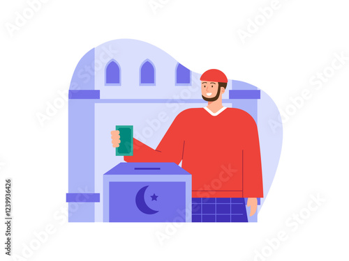 Muslim man giving donation into box Illustration. Fasting ramadan illustration. Flat vector illustration concept.