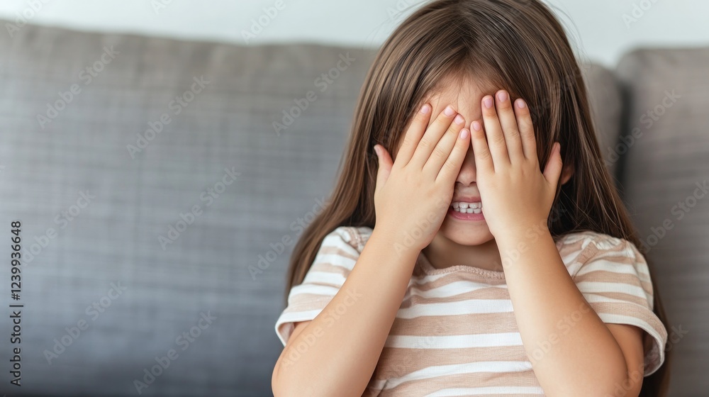 A Little Girl Hiding Her Face with Hands, Playful Innocence and Childish Fun. A Little Girl Hiding Her Face with Hands, Playful Innocence and Childish Fun.