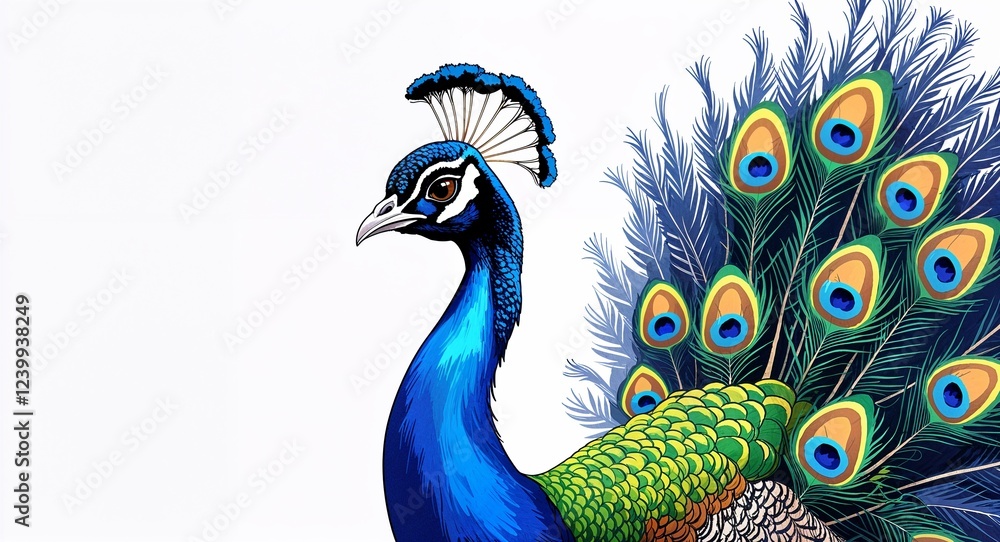 Fototapeta premium Portrait proud peacock displaying feathers on plain white background illustration