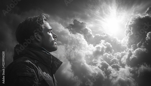 Man gazing at bright light breaking through dramatic clouds