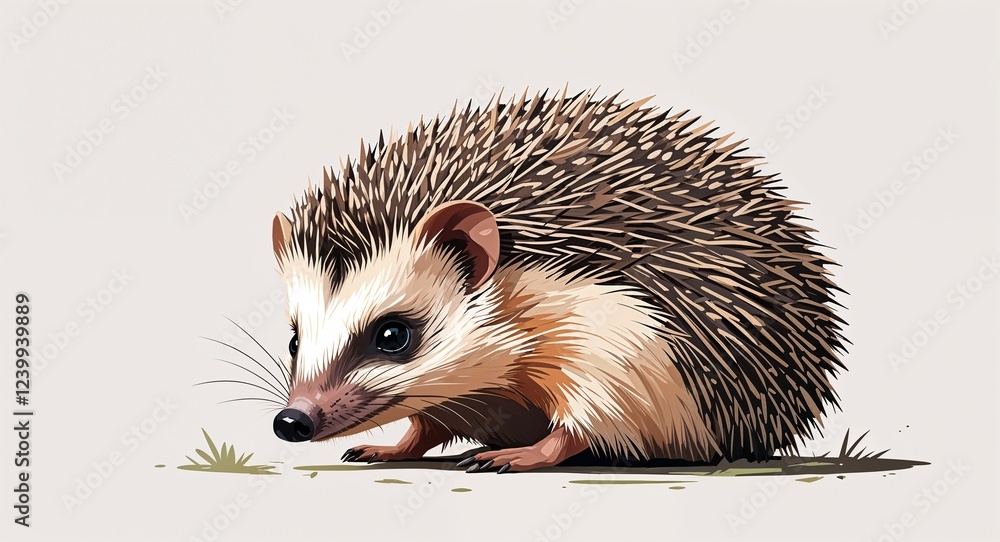 Fototapeta premium Portrait tiny hedgehog curled up on plain white background illustration