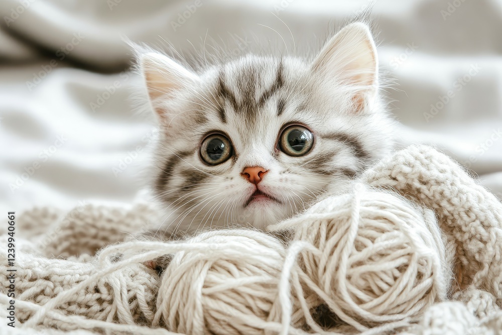 Obraz premium Playful Kitten Tangled in Yarn Ball