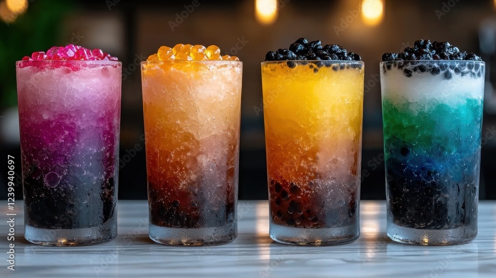 Rainbow bubble tea drinks with popping boba balls Rainbow bubble tea drinks with popping boba balls