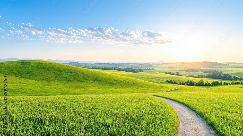 Fototapeta premium Sunny path through rolling green hills at sunrise