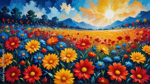 an abstract painting featuring a vibrant mix of colors, including deep blues, bright yellows, and rich reds, with a textured, impasto style that depicts a field of flowers against a dynamic background