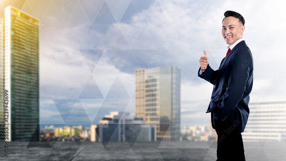 Portrait of an Asian businessman standing and showing thumb up gesture with a city skyline background. Concept of business, entrepreneur, and successful Portrait of an Asian businessman standing and showing thumb up gesture with a city skyline background. Concept of business, entrepreneur, and successful