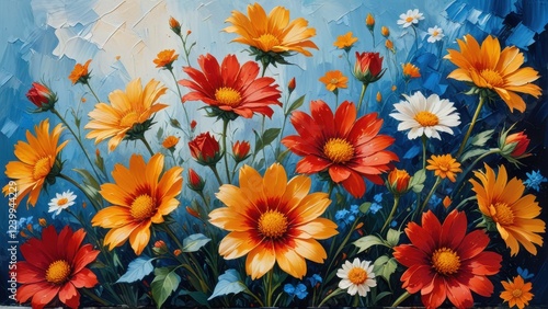 an abstract painting with a strong emphasis on texture and color, featuring a mix of red, yellow, and orange flowers
