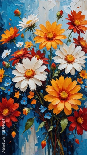 an abstract painting with a strong emphasis on texture and color, featuring a mix of red, yellow, and orange flowers