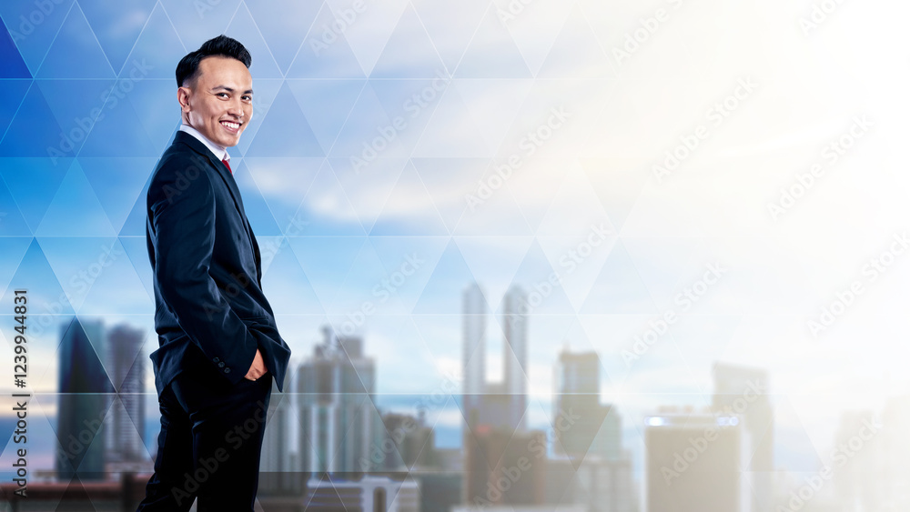 Portrait of an Asian businessman standing with confidence with a city skyline background. Concept of business, entrepreneur, and successful Portrait of an Asian businessman standing with confidence with a city skyline background. Concept of business, entrepreneur, and successful