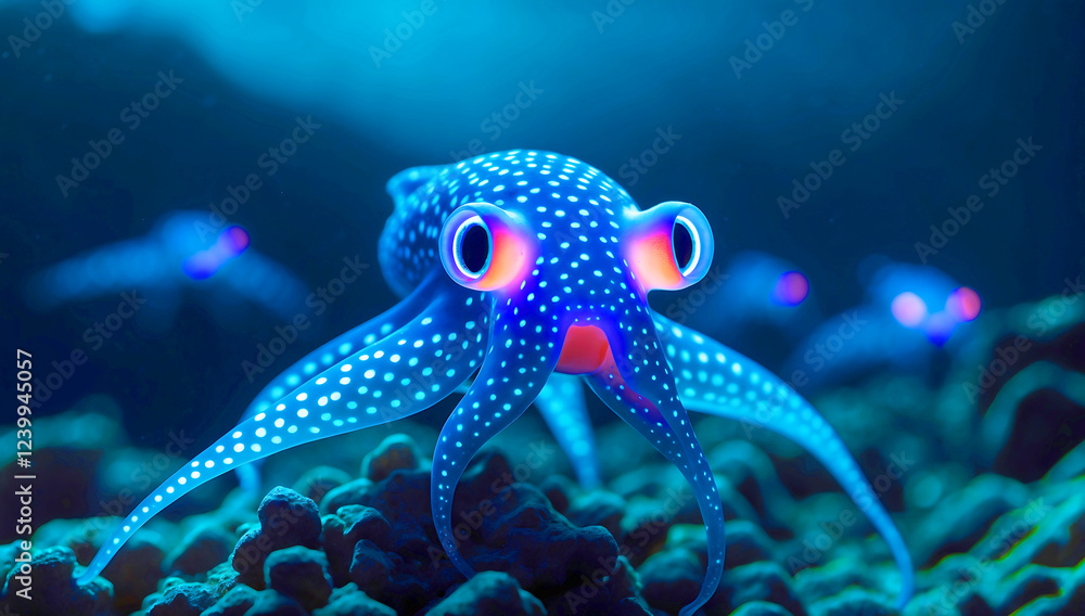 A close-up of a jellyfish , its tiny body glowing with bright blue spots. Surrounding it are dark waters A close-up of a jellyfish , its tiny body glowing with bright blue spots. Surrounding it are dark waters