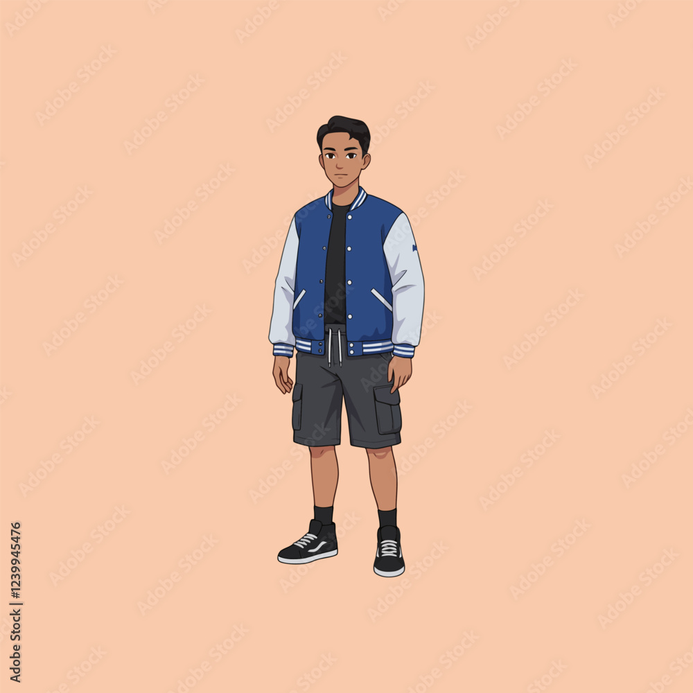 Stylish Cartoon Boy in Blue Varsity Jacket and Cargo Shorts Stylish Cartoon Boy in Blue Varsity Jacket and Cargo Shorts