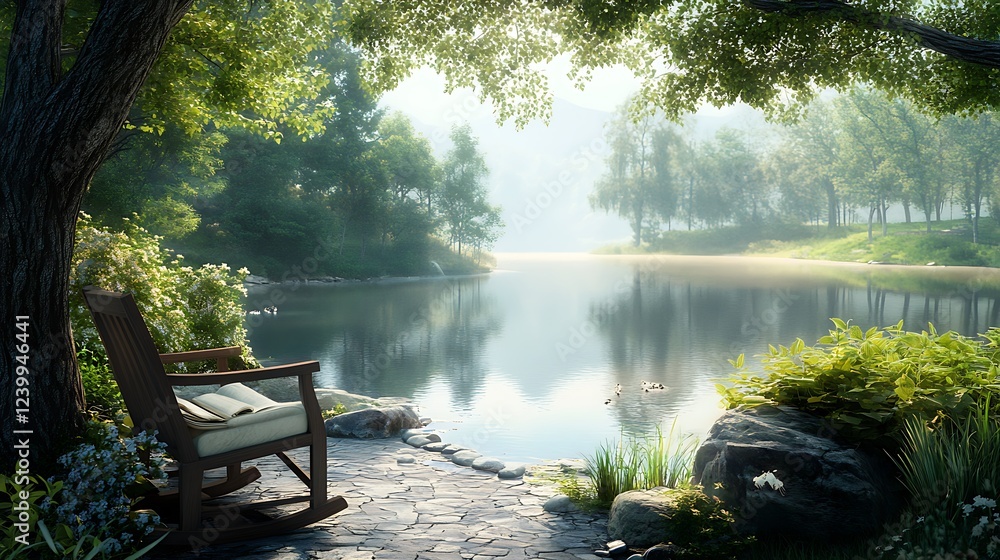 A Tranquil Lakeside Setting with a Rocking Chair and a Book A Tranquil Lakeside Setting with a Rocking Chair and a Book