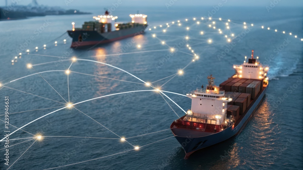 Fototapeta premium Maritime transport concept, Shipping vessels with digital connectivity network.