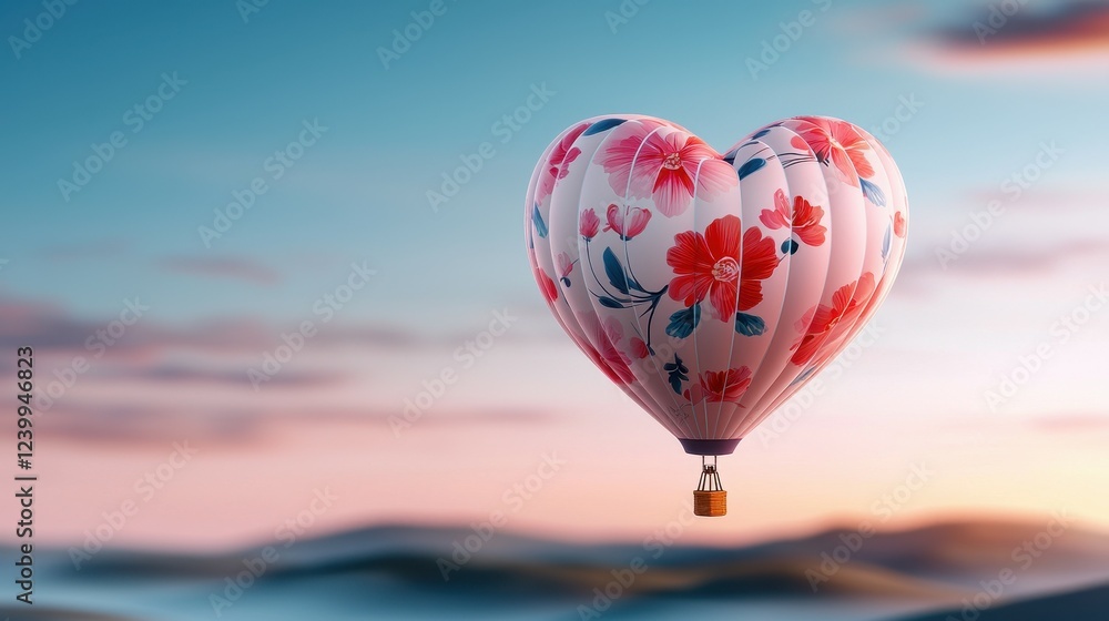 Fototapeta premium Heart Shaped Hot Air Balloon with Floral Pattern at Sunset