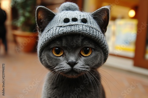 Adorable gray cat wearing a knitted hat, posing for the camera.  Perfect for winter themes or pet-related projects. photo