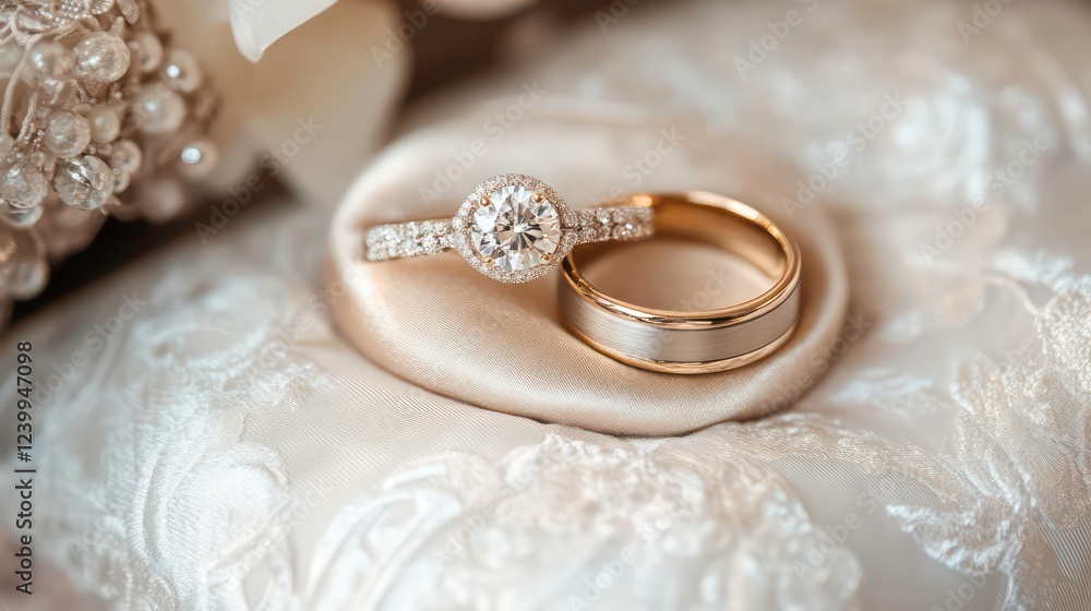 Close-up of wedding rings resting on a luxurious cushion. Close-up of wedding rings resting on a luxurious cushion.