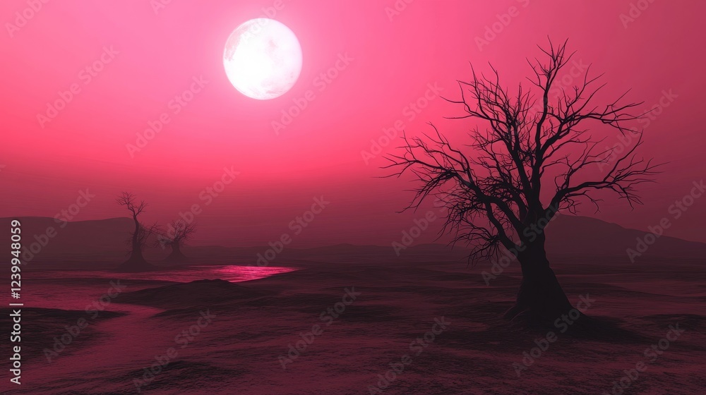 Fototapeta premium Surreal Desert Scene with Twisted Trees and Moonlight