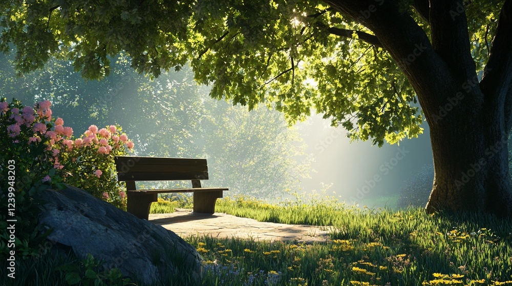 Peaceful park scene with a bench under a tree with sunlight and flowers Peaceful park scene with a bench under a tree with sunlight and flowers