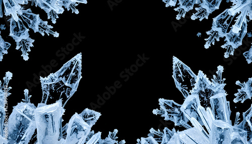 Frostwork. Decorative ice crystals frame on black matte background, pop art. isolated with white shades