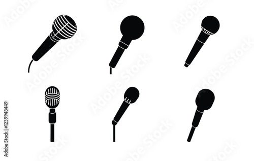 Six simple, black silhouette microphones of various types are depicted against a pure white background.