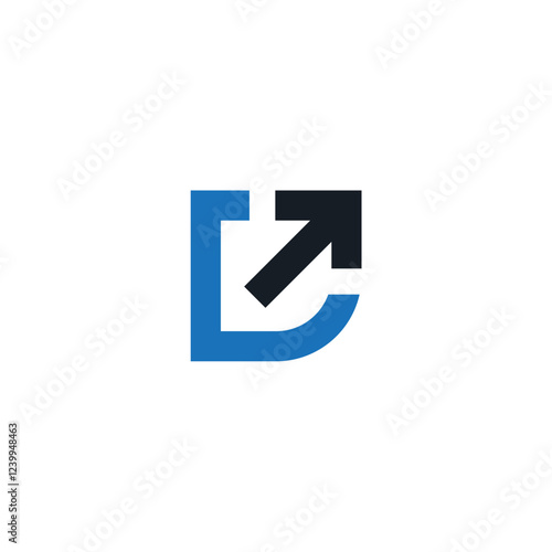 A blue square with a stylized arrow pointing out and up, in dark blue, on a white background