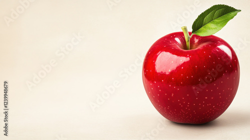 Fresh red apple with green leaf on light background