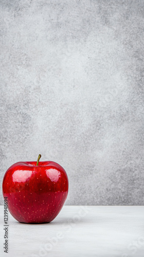 vibrant red apple on light surface against textured background
