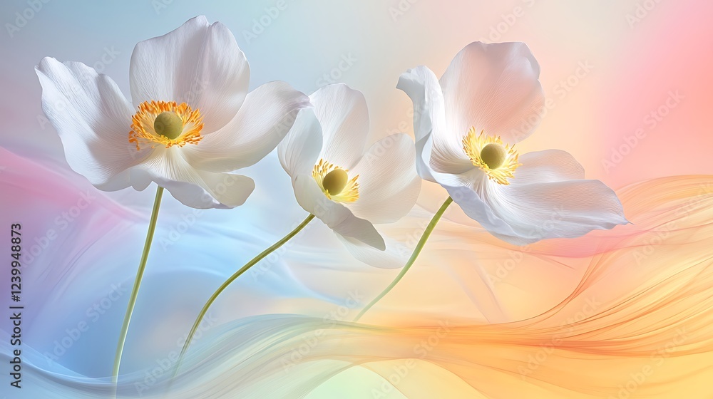 Fototapeta premium there are three white flowers that are on a colorful background