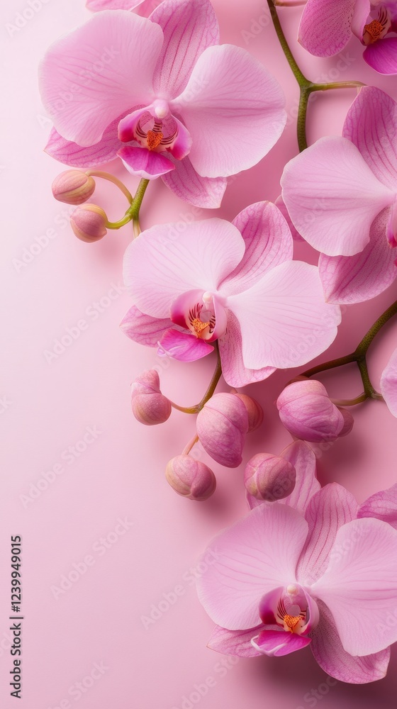 Obraz premium Create a beautiful composition of delicate orchid flowers arranged elegantly on a soft pastel pink background, with the flowers' intricate details highlighted, and a generous blank space on the side