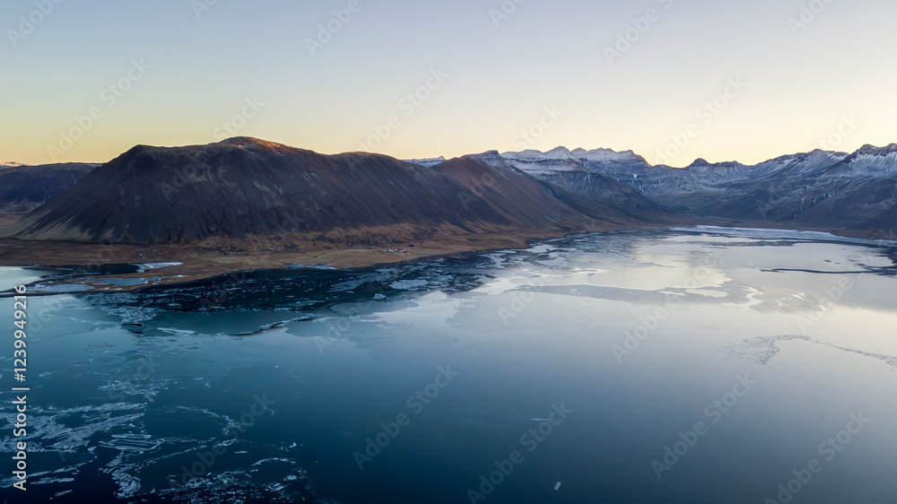 Aerial view of landscapes with a mountain range on Kolgrafarfjördur or Kolgrafarfjordur viewpoint, Iceland. Taken by drone. Nature, travel, winter background, or wallpaper Aerial view of landscapes with a mountain range on Kolgrafarfjördur or Kolgrafarfjordur viewpoint, Iceland. Taken by drone. Nature, travel, winter background, or wallpaper