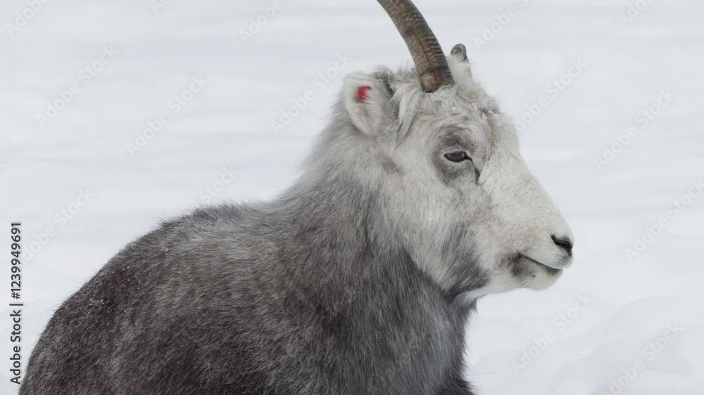 Dall Sheep Resting On Icy Slope In Whitehorse, Yukon, Canada - Close Up Dall Sheep Resting On Icy Slope In Whitehorse, Yukon, Canada - Close Up