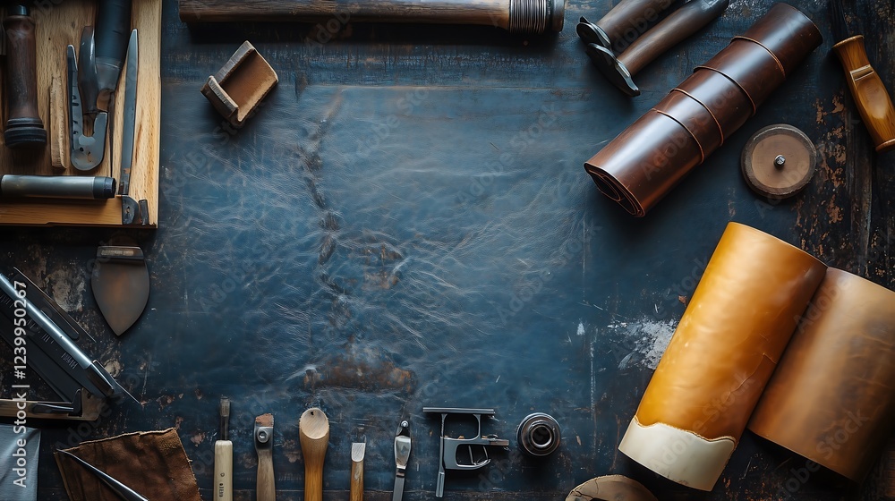 © Prapanista - top view collection set A top view of various leather crafting tools beautifully arranged on a rustic workbench. © Prapanista - top view collection set A top view of various leather crafting tools beautifully arranged on a rustic workbench.