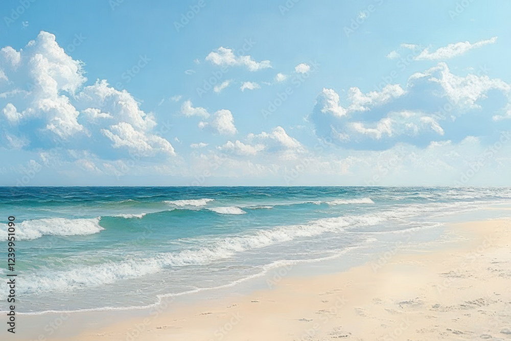 Impressionist Beach Scene Soft Pastel Colors Gentle Brush Strokes Calm Waves Tranquil Shoreline Natural Sunlight Fluffy Clouds Impressionist Beach Scene Soft Pastel Colors Gentle Brush Strokes Calm Waves Tranquil Shoreline Natural Sunlight Fluffy Clouds
