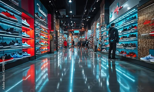 Vibrant sneaker store interior showcasing diverse footwear styles and shoppers exploring options