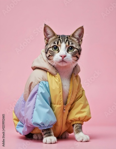 Stylish Tabby Cat in Pastel-Colored Puffer Jacket photo