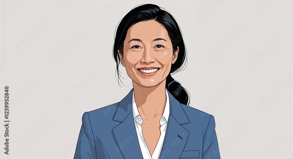 Portrait mature Asian woman smiling black tied hair blue blazer on plain white background illustration Portrait mature Asian woman smiling black tied hair blue blazer on plain white background illustration