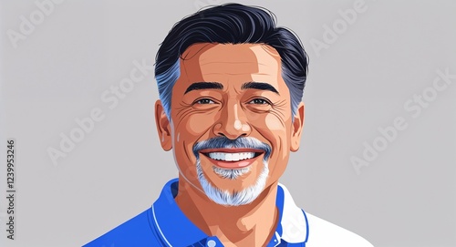Portrait mature Hispanic man happy short black hair blue polo on plain white background illustration