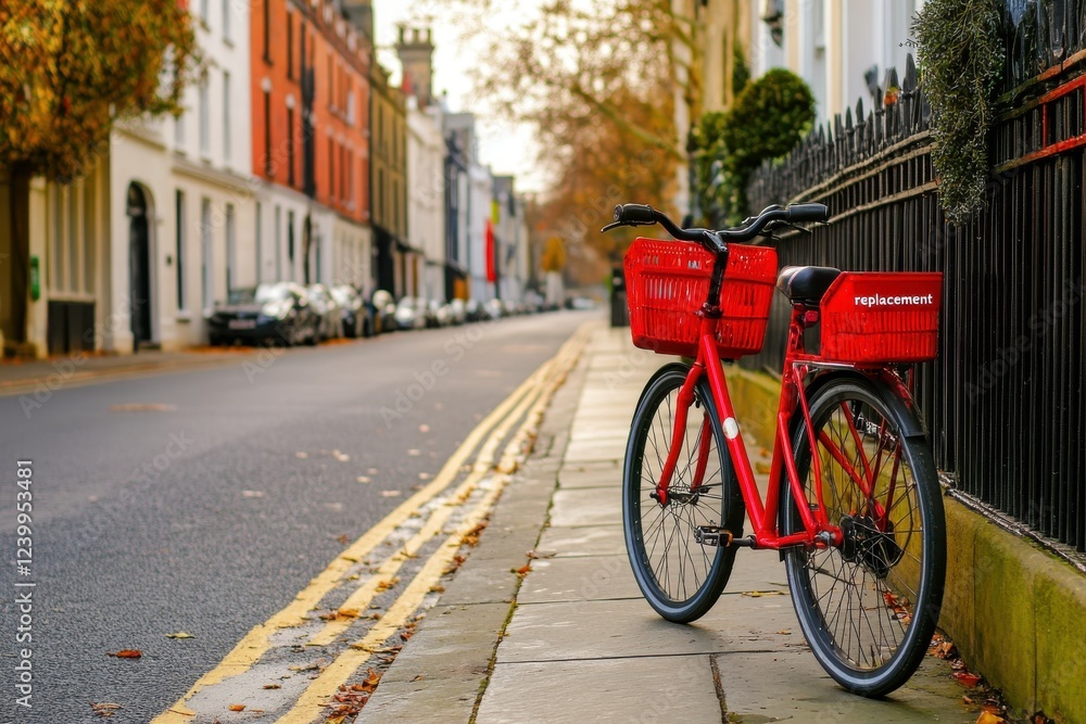 Red bicycle parked on a city street, autumn leaves on the ground. Red bicycle parked on a city street, autumn leaves on the ground.