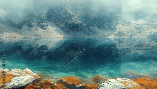 Fototapeta Naklejka Na Ścianę i Meble -  Misty mountain reflection in turquoise alpine lake